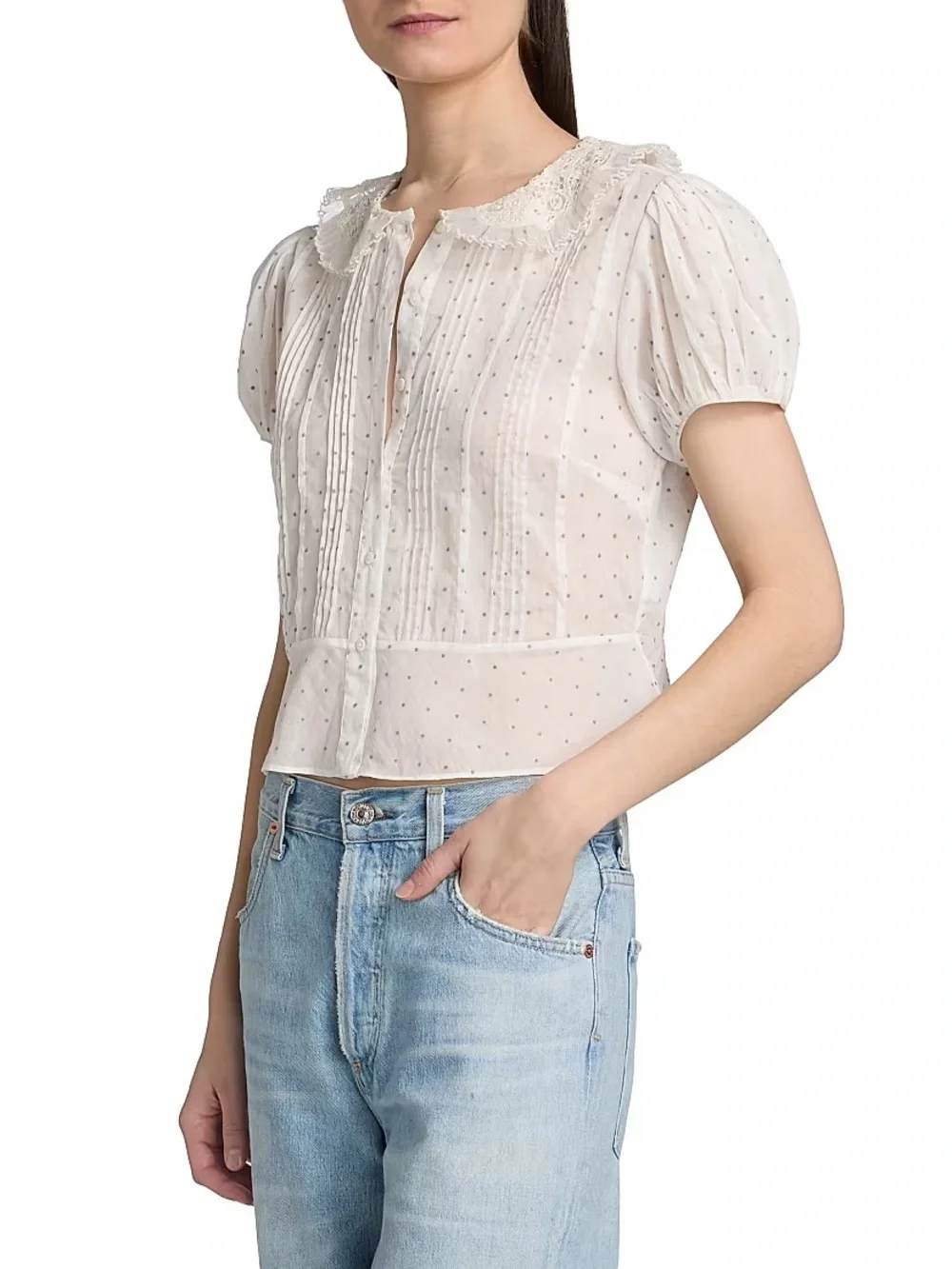 Doen Ivory Swiss Dot Lace-Collar Pintuck Blouse
